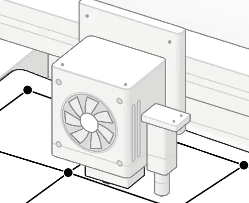 Close-up of the print head with a touch probe beside the nozzle