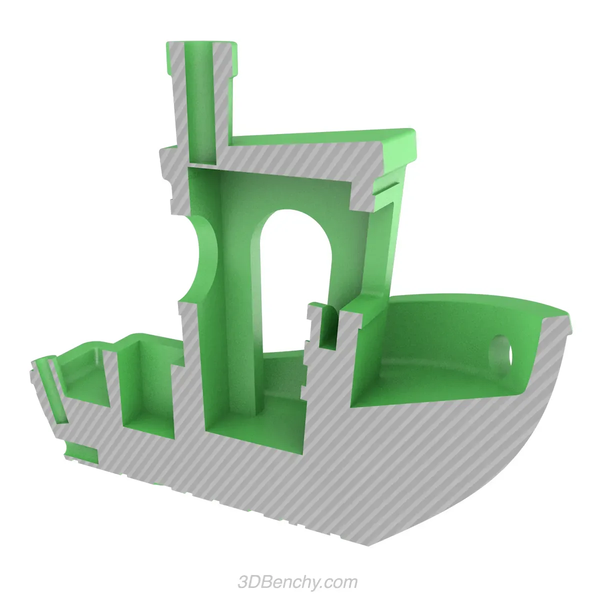 A cut-away render of 3DBenchy showing its insides