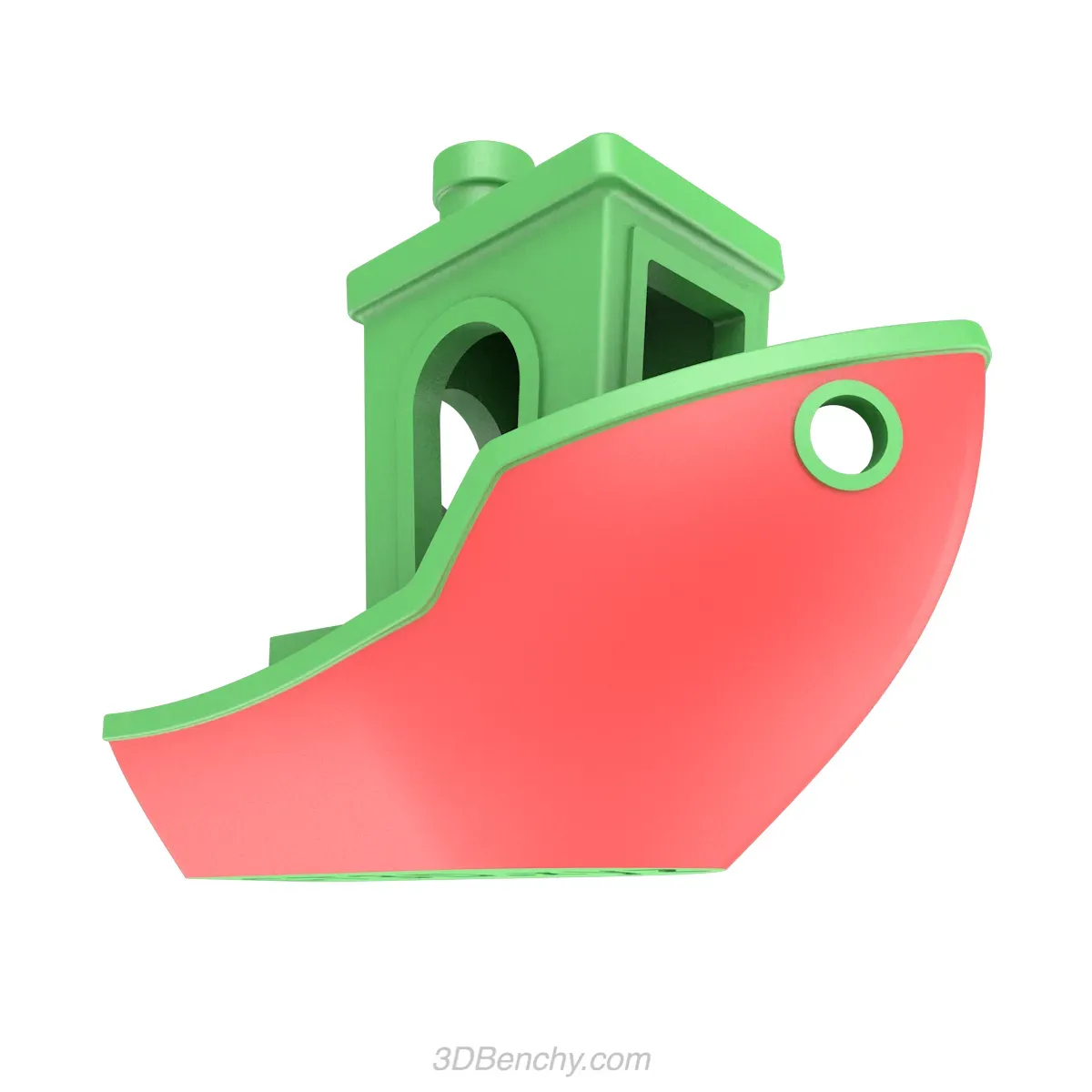 A Benchy render highlighting its curved overhang