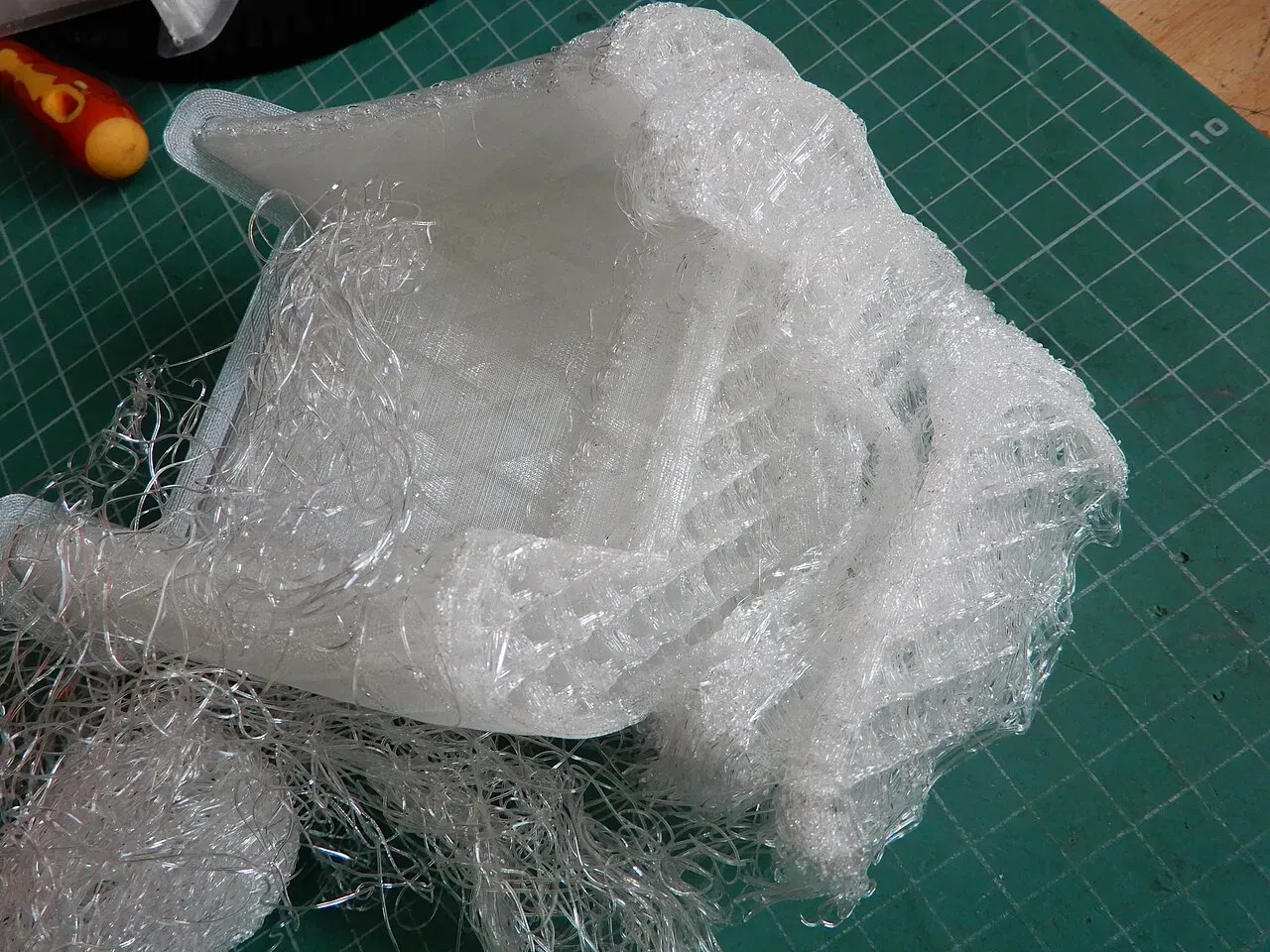 Another view of a failed clear print with loose strands