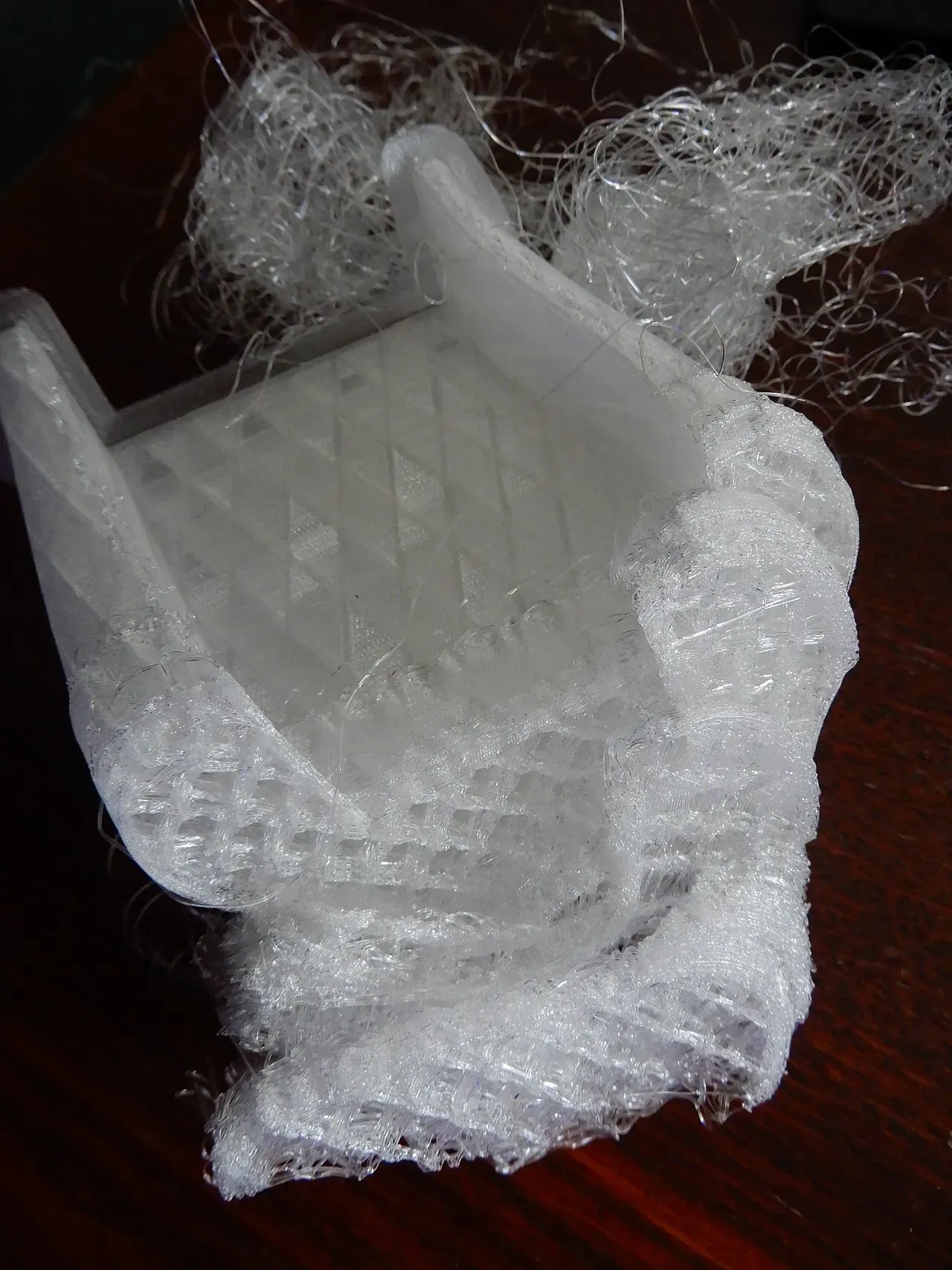 A clear print that failed and turned into a mess of loose filament