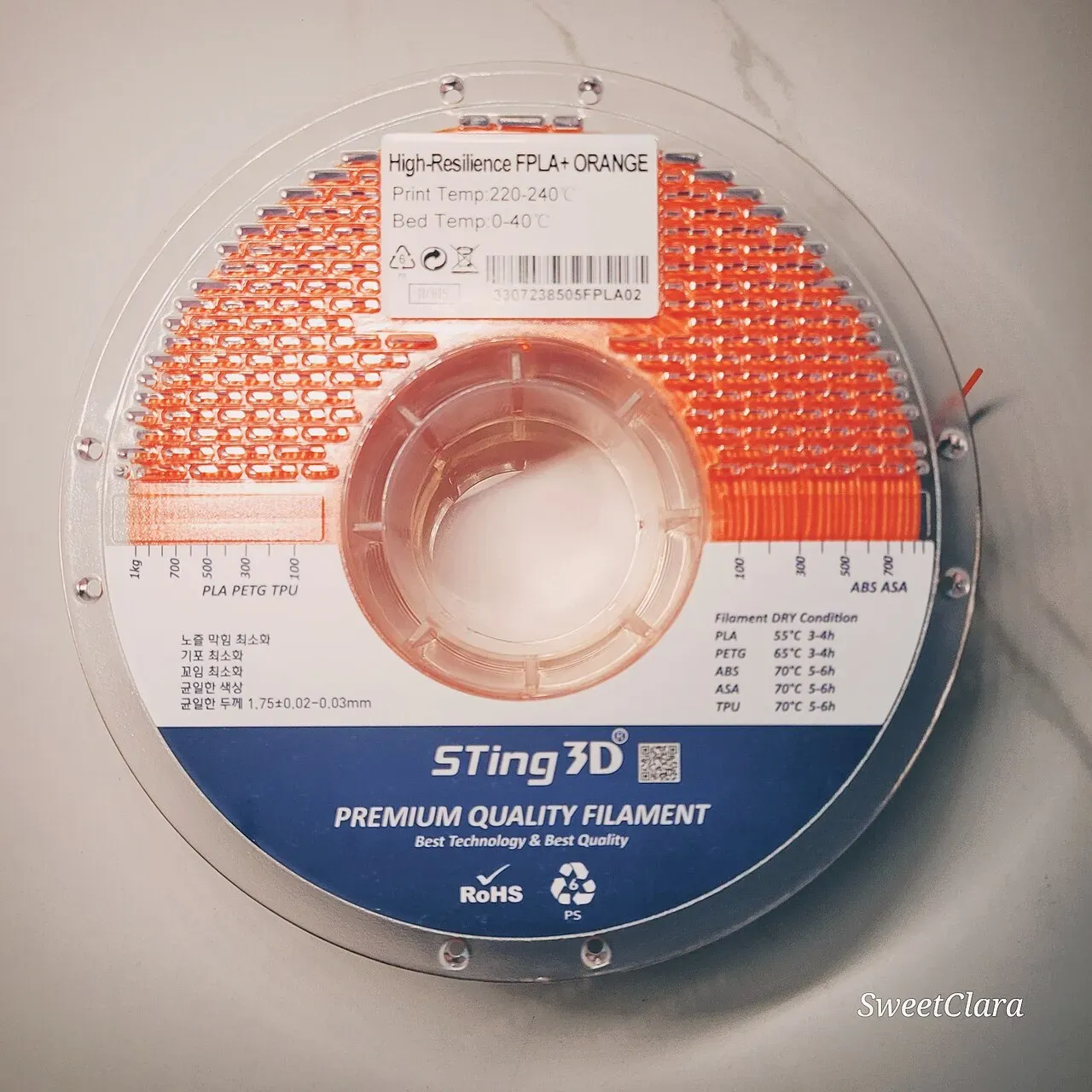 A spool of flexible PLA filament with its label