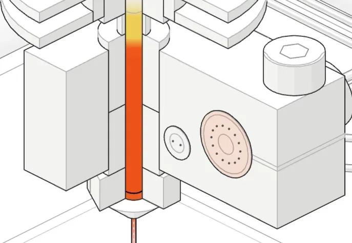 Close-up of the heater block with the heater cartridge and thermistor