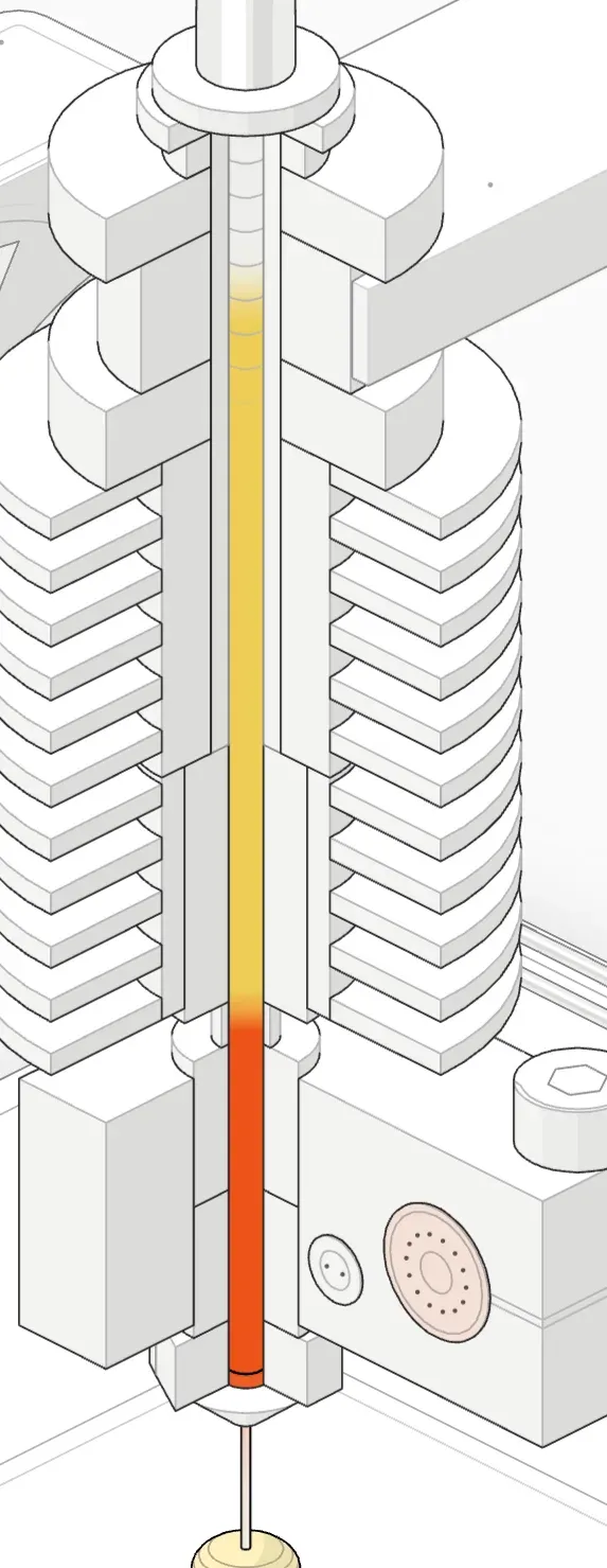 Cut-away of the hotend with the fan off: filament softening too high inside the heatsink
