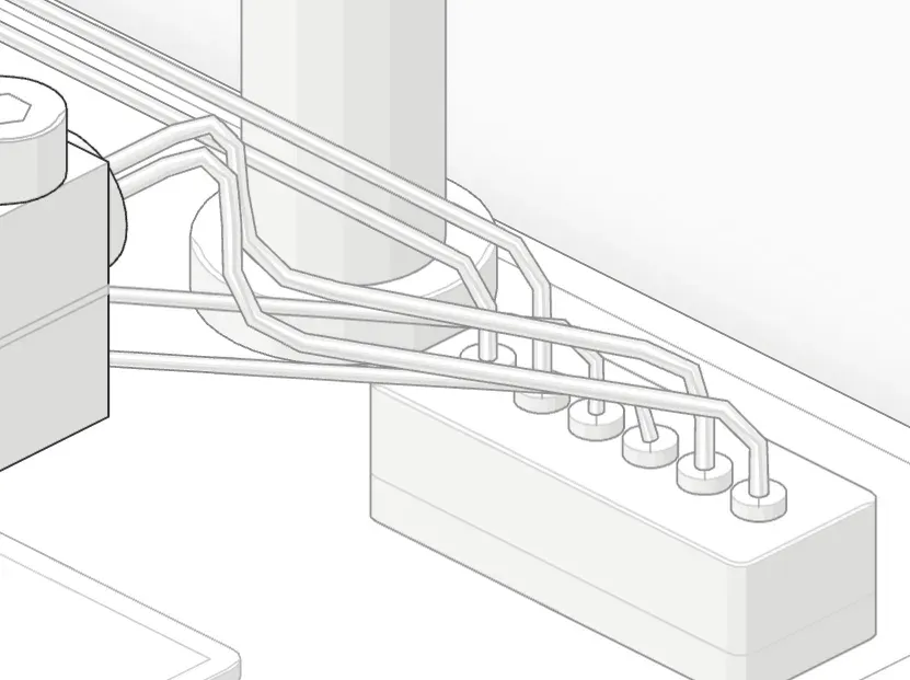Close-up of heater and thermistor wires running to a terminal block