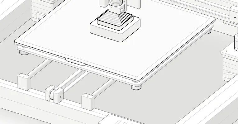 The heated bed with its PEI sheet and the part being printed