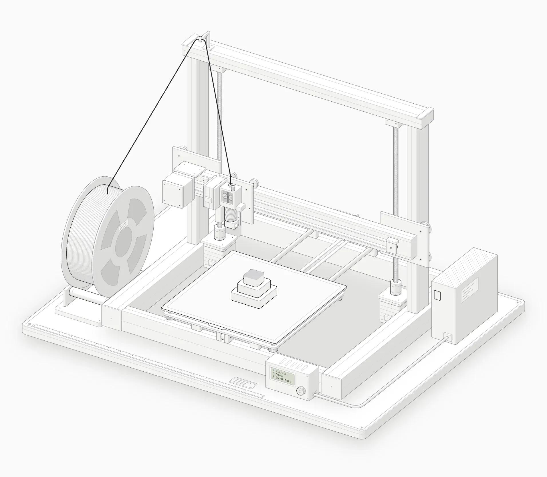 The FDM printer with the finished stepped tower on its bed