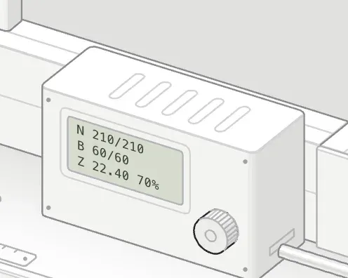 Close-up of the printer control box and its LCD