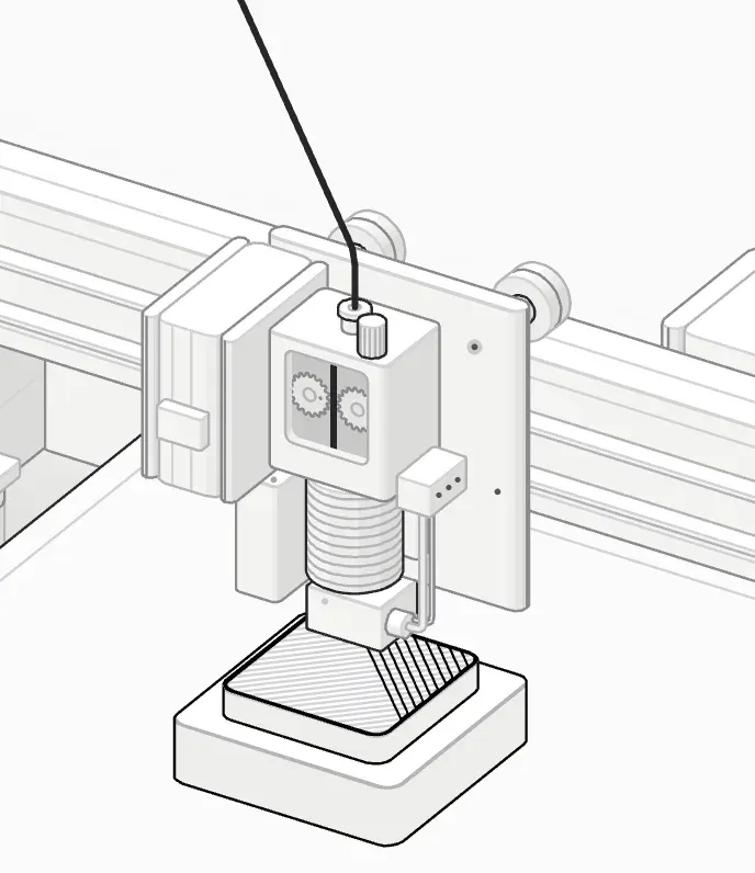 Close-up of the print head: extruder, heatsink, heater block and nozzle