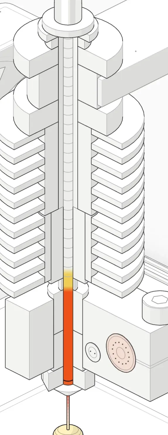 Hotend cut-away with filament fed at 1 mm/s