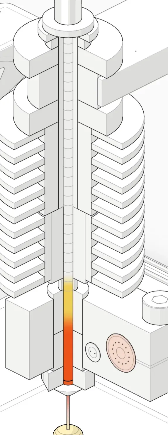 Hotend cut-away with filament fed at 6 mm/s