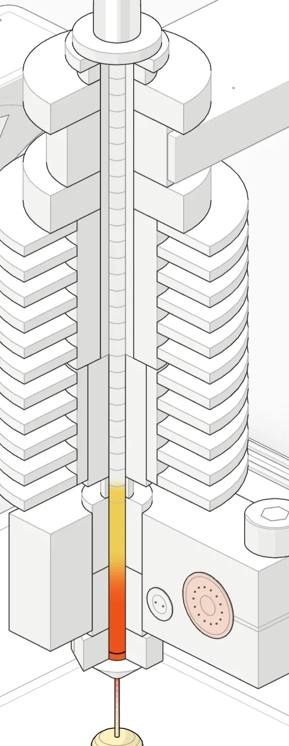 Hotend cut-away with filament fed at 8 mm/s