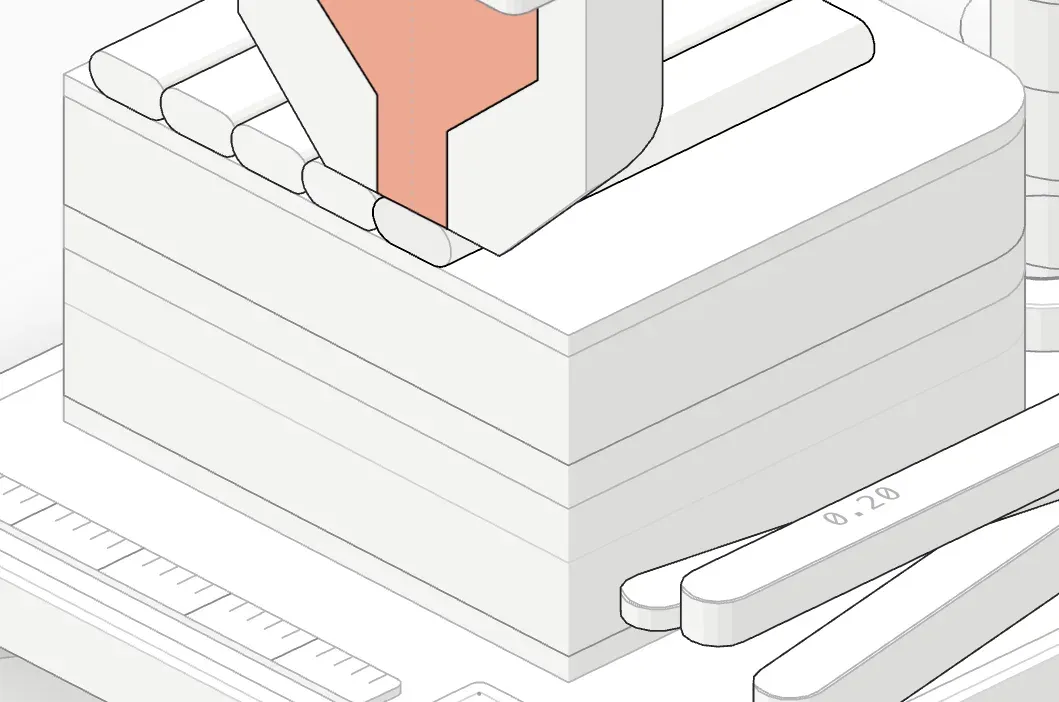 Cut-away of a bed: heater pad, aluminium plate, magnet sheet, spring steel and PEI